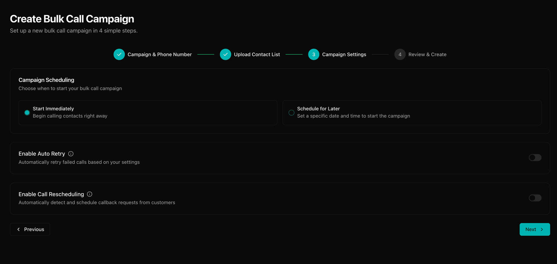 Bulk Call Step 3 - Campaign Settings