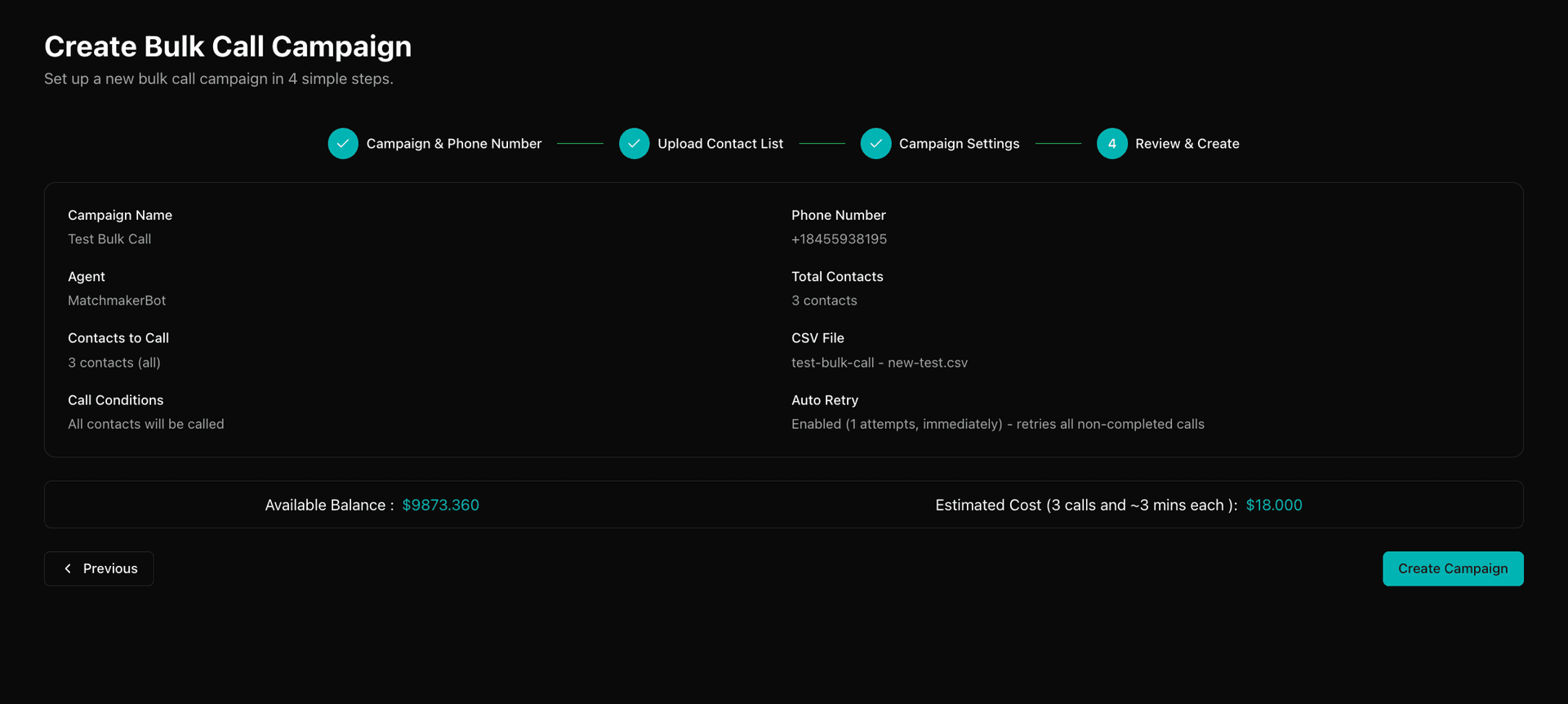 Bulk Call Step 4 - Review and Create