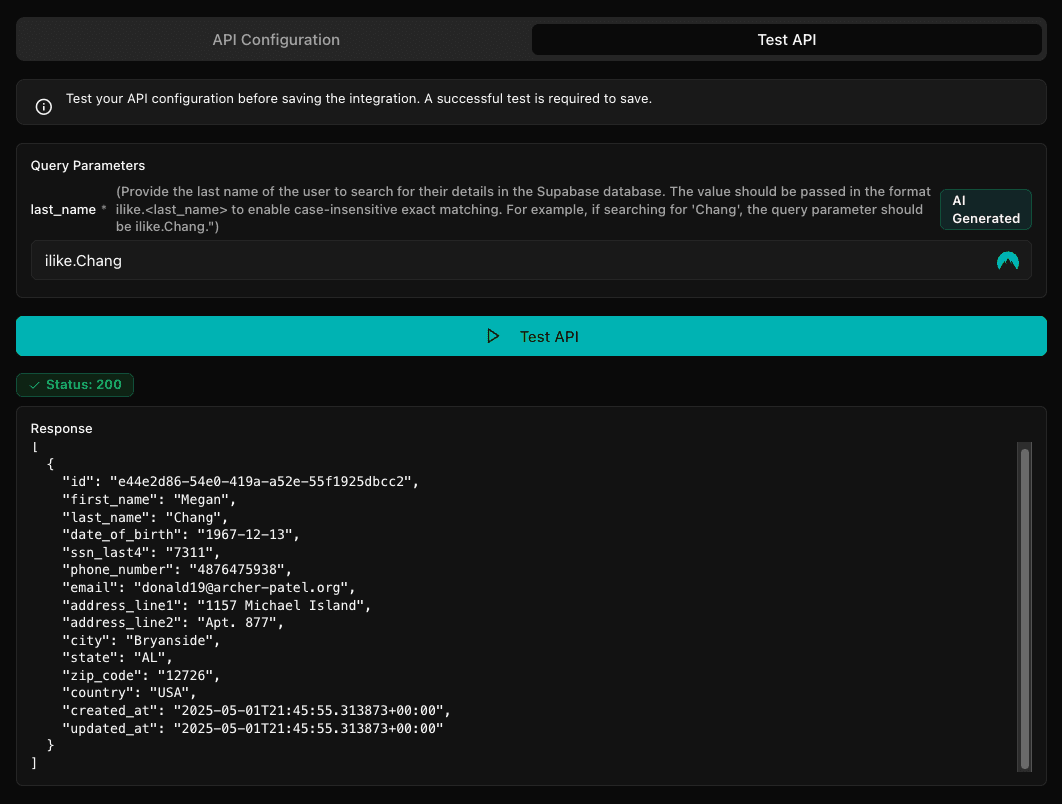 Supabase custom API Testing