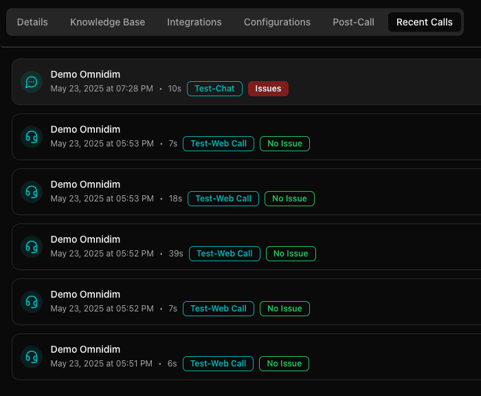 Recent calls from agent page