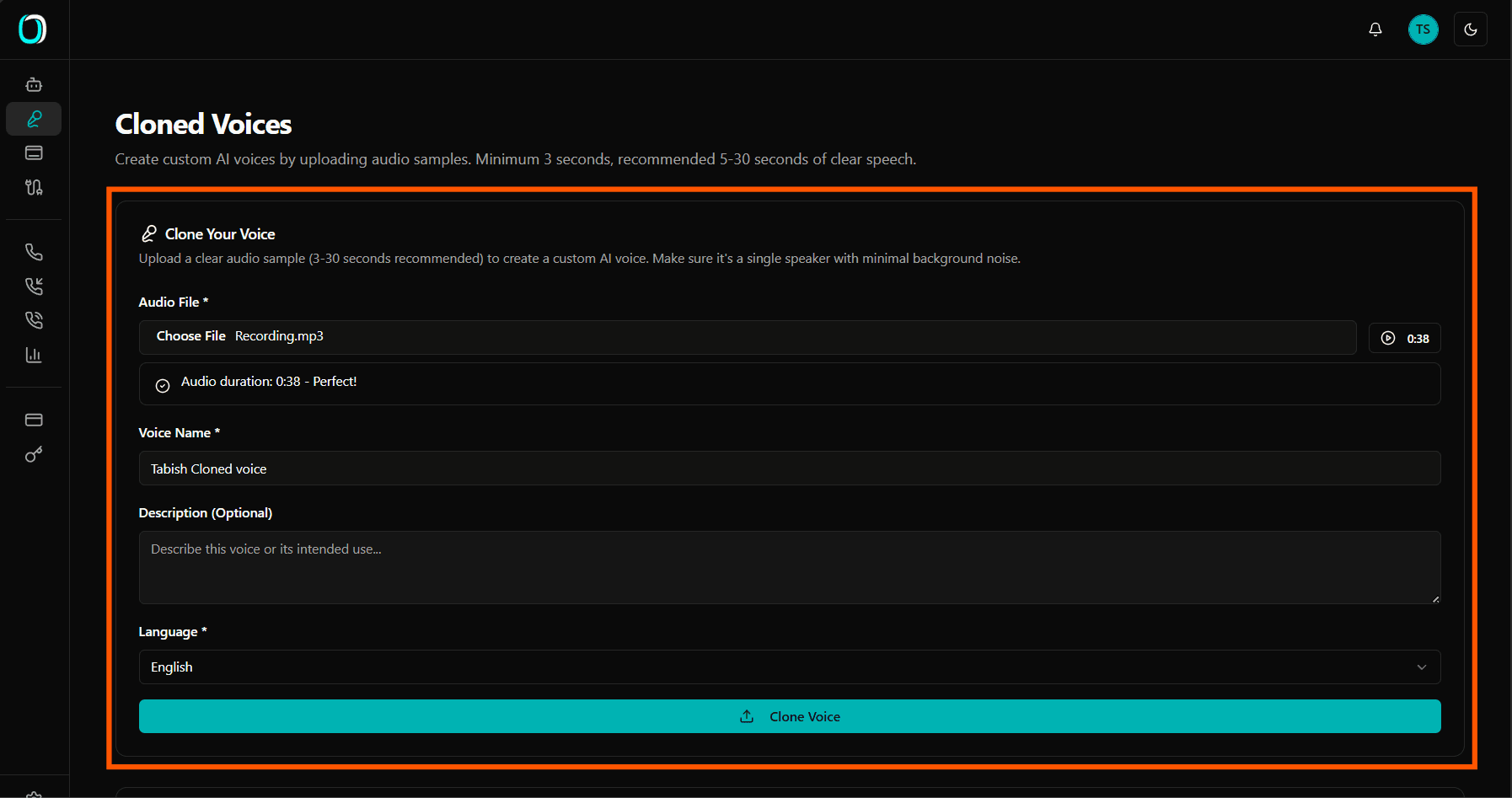 Voice cloning upload form