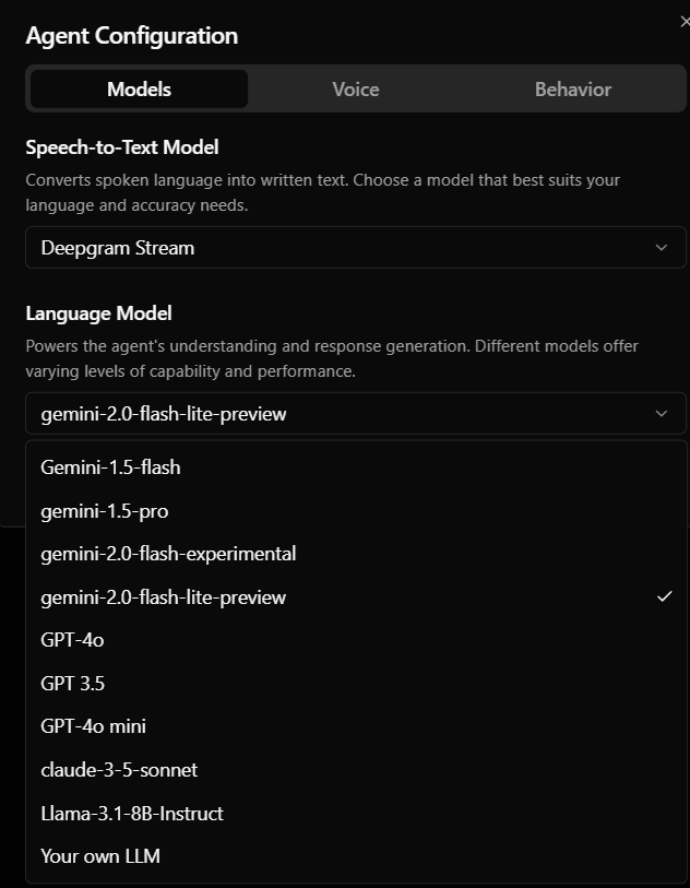 assistant configuration interface showing model selection options
